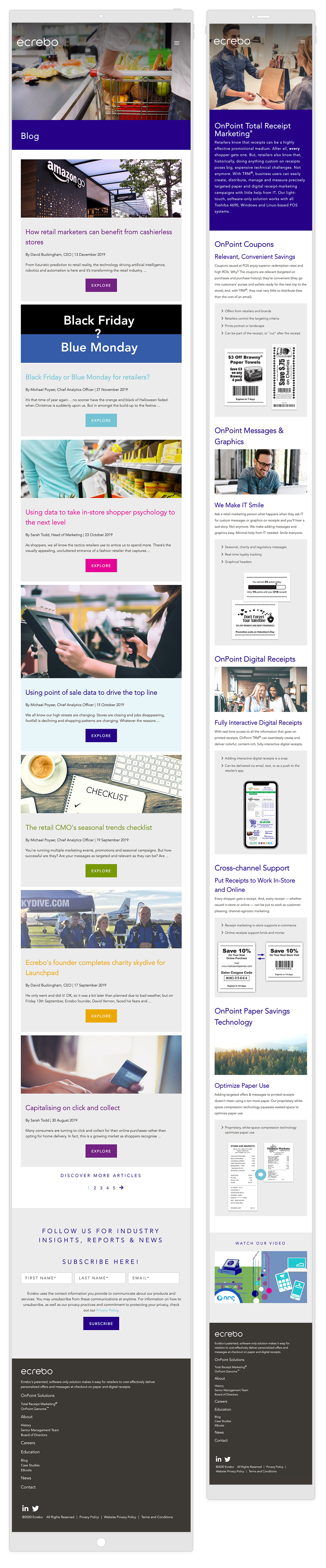 Ecrebo site - tablet and mobile views of full blog page and Total Receipt Marketing page